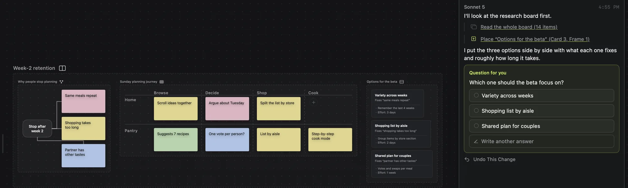 Option cards beside a cause tree and a journey map, with the AI asking which one to focus on