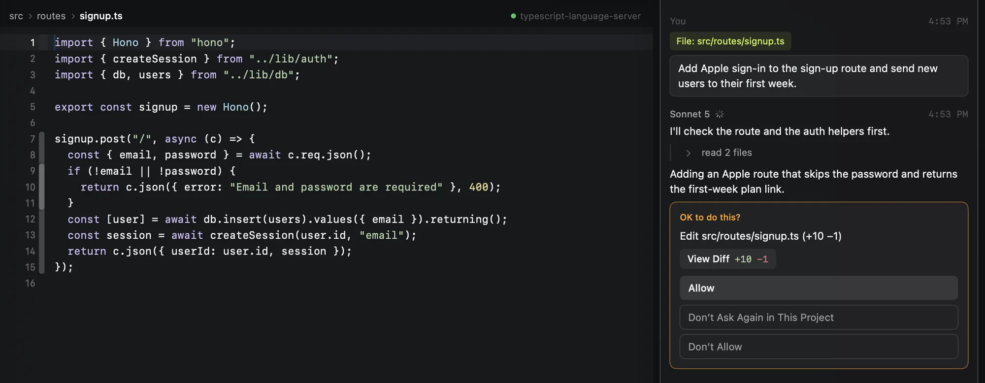 Code in the editor, with the AI asking to apply a change and showing its diff