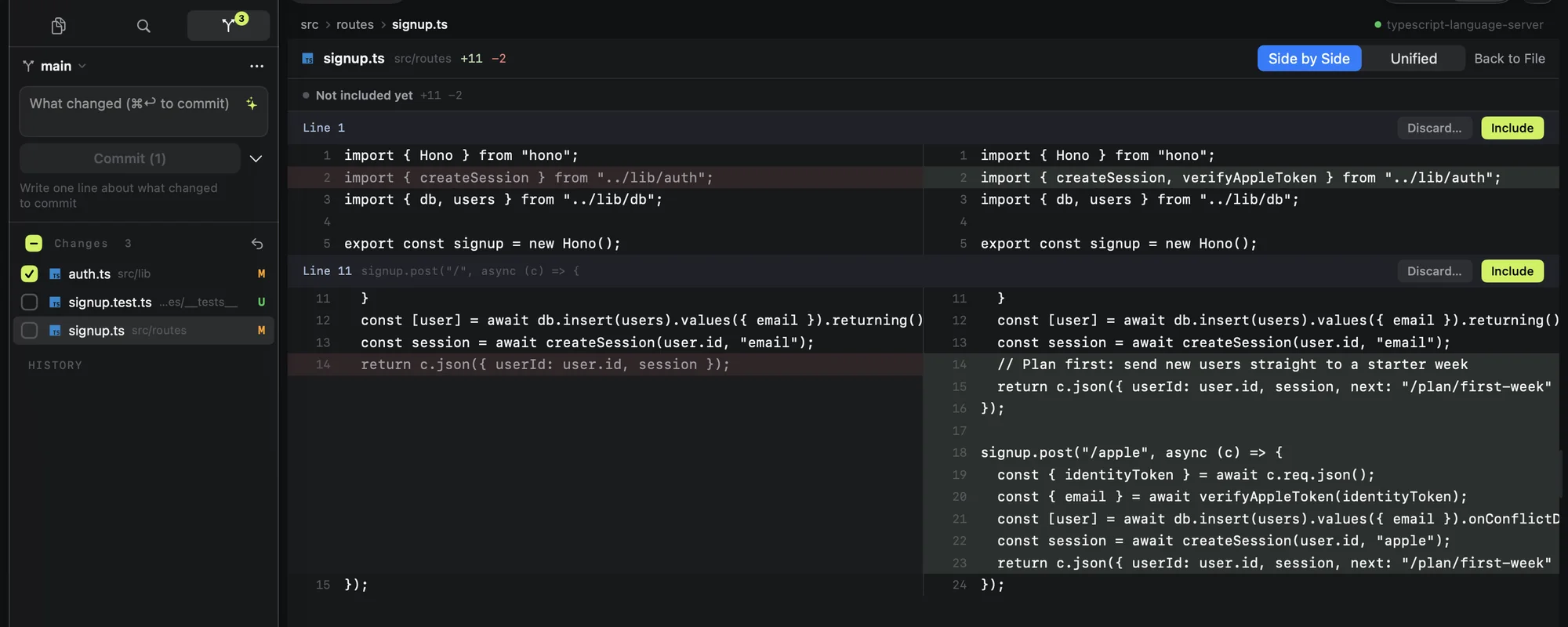 The list of changed files and a side-by-side diff in source control